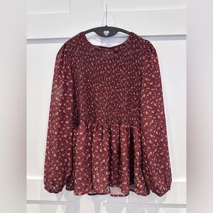 Dusty Red & Yellow Floral Smocked Babydoll Long Sleeve Women’s Blouse XL